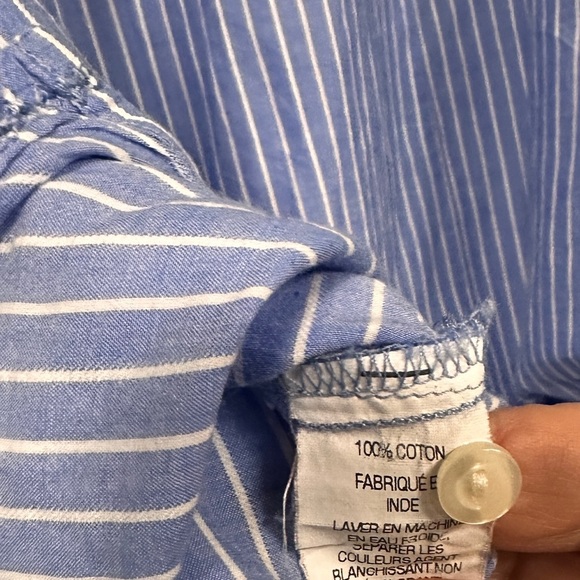 L.L. Bean Blue and White Striped Roll Tab Sleeve Cotton, Gathered Shirt, XL - Picture 8 of 8
